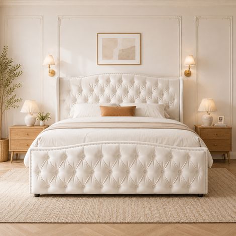 Lit coffre 160x200 cm avec sommier, lit double rembourré avec rangement hydraulique, lit 160x200 capitonné avec tête de lit cloutée design moderne confortable, velours beige (1/5)