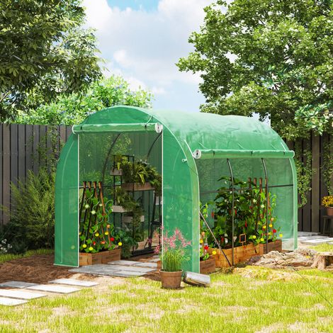 Extérieur Serre tunnel de jardin 6 m² 3 x 2 m avec 1 porte + parois latérales zippées enroulables fenêtres - vert (1/4)