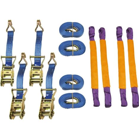 Recovery Ratchet Strap Set x4 (35MM x 6M Round Sling Alloy Wheel Tie Down Trailer Kit)