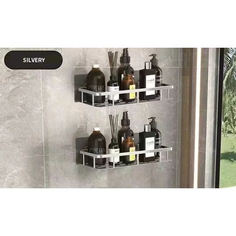 (2 carrés argentés) Étagère de salle de bain, rangement pour maquillage, porte-shampoing en alliage d'aluminium, accessoires de salle de bain, étagère murale sans perçage (1/5)