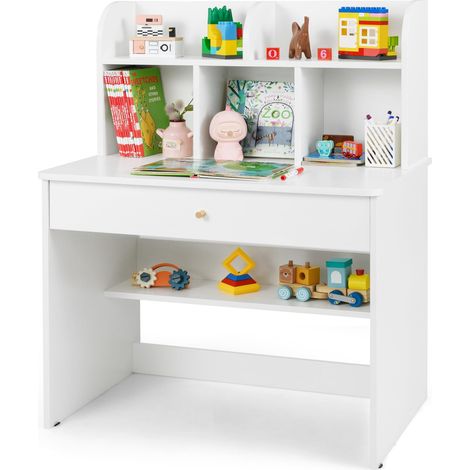 Scrivania per bambini in legno con 5 scomparti, cassetto e ripiano, tavolo da studio con altezza ragionevole di 62 cm e piedini antiscivolo, portata 90 kg, Bianco (1/5)
