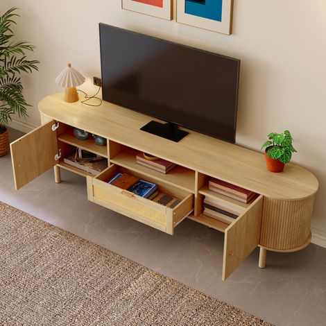 Mobile TV 175x36x51 cm naturale in MDF con cassetto effetto rattan, ante arrotondate e passacavi (1/5)