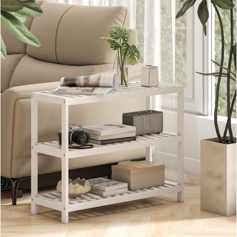 Étagère range-chaussures en bambou blanc, 3 niveaux ouverts, 70 x 26 x 55 cm (1/5)