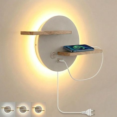Applique Murale LED avec Interrupteur et USB, Lampe de Chevet en Bois avec Étagère, 3 Température de Couleur, Liseuse pour Salon, Chambre, Bureau, Hôtel - Blanc (1/5)