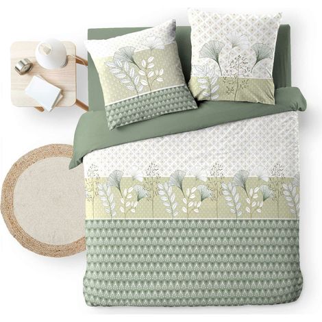 Housse de couette 240 x 220 cm + 2 taies – Coton 42 fils – Motif végétal vert sauge – Poetine