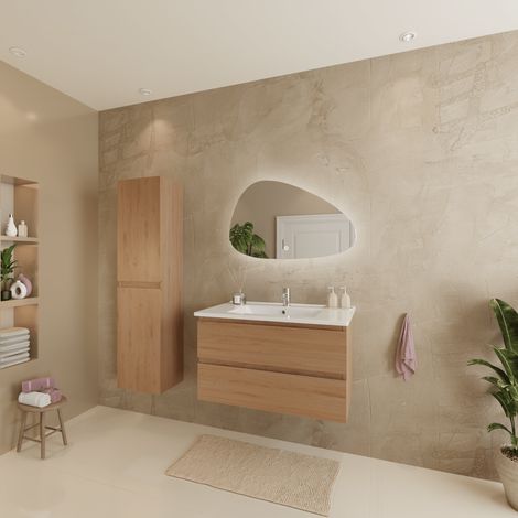 Ensemble Meuble Vasque 80 Cm Avec Colonne - Chêne Clair - Lavabo (1/5)