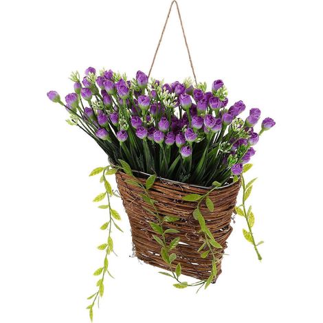 Panier suspendu en osier tressé pour porte d'entrée, orné de fleurs artificielles. Couronne de porte printanière et estivale pour la décoration intérieure et extérieure. (1/4)