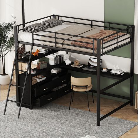 Hochbett Metall & MDF Schwarz 140x200 cm mit L-förmigem Schreibtisch und Schubladen (1/5)