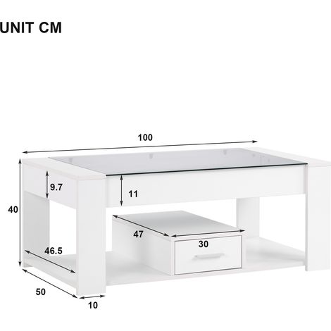 Mesa de centro para salón con tablero de cristal, armarios y espacio de almacenamiento, blanca, 100 x 50 x 40 cm. (1/5)