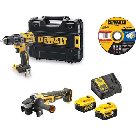 Dewalt – Pack de 2 outils électroportatifs 18V XR – Perceuse-visseuse DCD791 et meuleuse DCG405 – 2 batteries 5Ah et 25 disques à tronçonner (1/5)