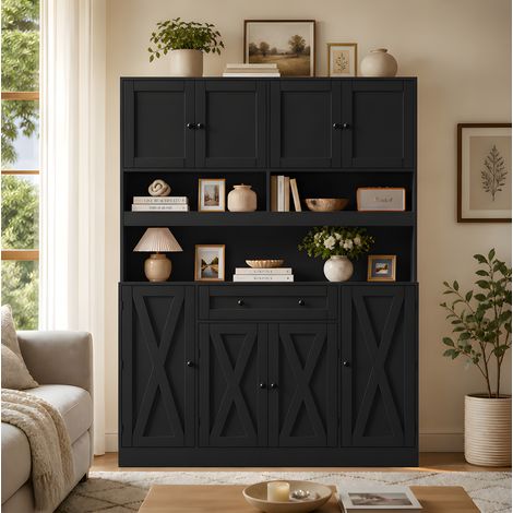 MODFU – Credenza cucina 140x40x185 cm in MDF con piano di lavoro, passacavi, vano contenitore e carico 60 kg – Nero (1/5)