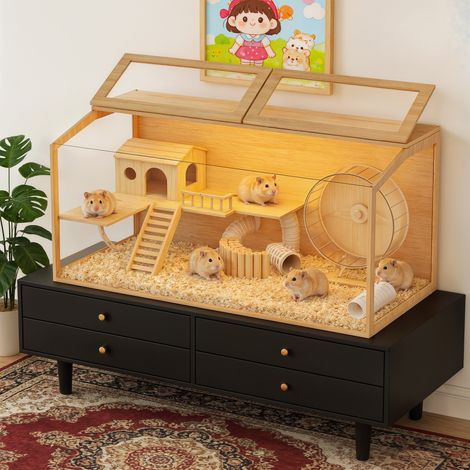Large Wooden Hamster Cage Clear Glass Chew Proof Playpen House with LED Lights for Gerbils Syrians Hamsters - 100cm