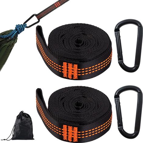 2 Pièces Hamac, avec 2 Mousquetons, 2 m x 2.5 cm Hängematte Befestigung, Sangle Hamac, Charge Max 300 kg, Convient pour Les Voyages, Le Camping, Extérieur, Randonnée (1/5)