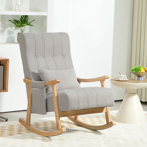 Sillón mecedora con bolsillo lateral, cojín lumbar, armazón de madera de haya, poliéster gris (1/5)