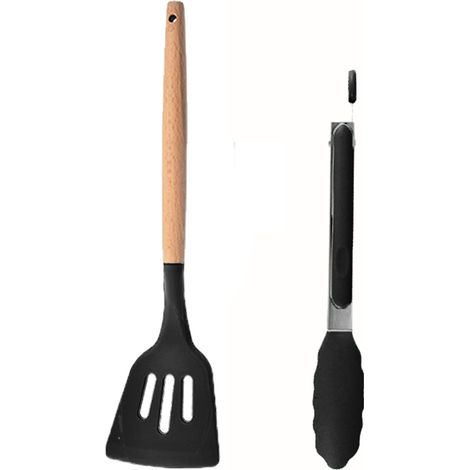 Ensemble Ustensiles Cuisine - Silicone Resistante Chaleur Et Manches En Bois - Pour Cuisson Et Service - Lot De 2 (1/5)