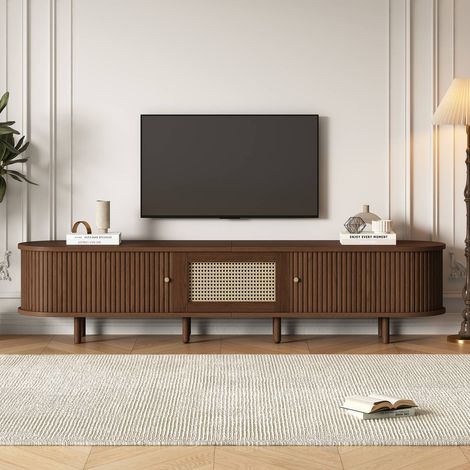 Meuble tv ovale 180cm noyer foncé avec portes effet rotin mdf et pieds réglables jusqu’à 30kg (1/5)