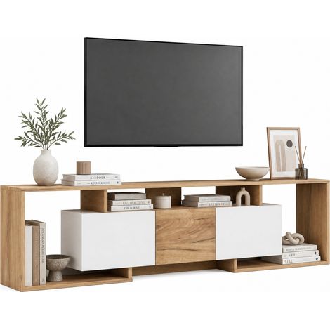 Meuble TV 180 cm blanc et bois clair avec 2 portes relevables, 1 porte battante et 3 niches ouvertes, design scandinave gain de place  CHICFURN (1/5)