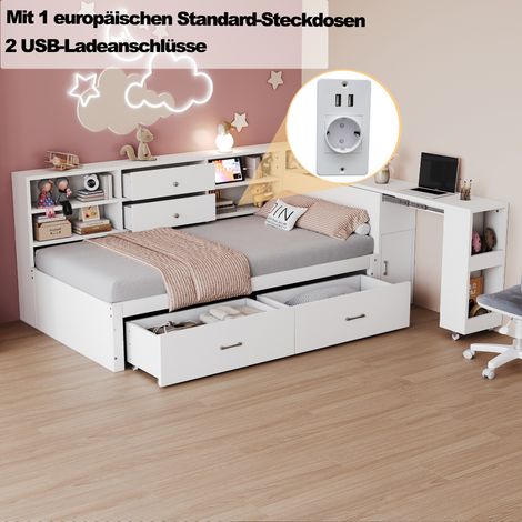Letto singolo 90x200cm scrivania estraibile cassetti prese USB bianco legno per cameretta(Senza materasso)
