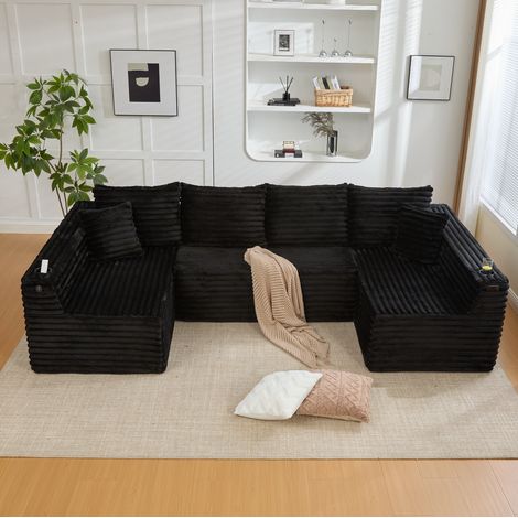 Sofá modular en U 320x155x88 cm de tela negra con portavasos para salón – MEUBLIV (1/5)