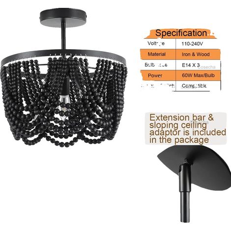 Chandelier, Perles en Bois, Design Polyvalent, Noir Petit (1/2)