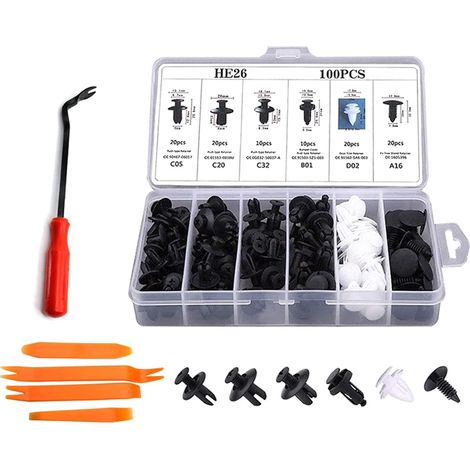 Lot 100 clips fixation auto universels, vis plastique carrosserie, kit réparation (1/5)
