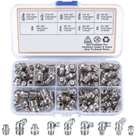 60 Pièces graisseur a Visser, Assortiment Graisseur M6 M8 M10, Droit Graisse Raccord 45° 90° 180°, avec Boîte en Plastique, pour Équipement Mécanique, Embout de Graissage Fixations (1/4)