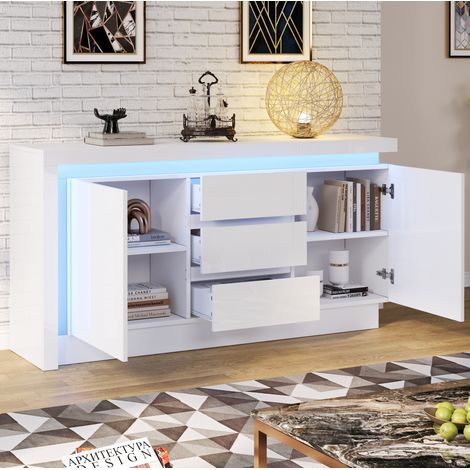 Aparador moderno 140x35x72 cm, con 2 armarios, 3 cajones, LED, acabado brillo, aglomerado blanco (1/5)