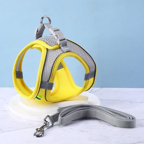 Harnais Chien - Harnais Respirant en Maille avec Laisse - Pour Marche Extérieure et Dressage - Taille L - Jaune (1/5)