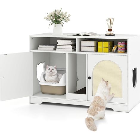 GOPLUS Meuble Litiere Chat, 108 x 50,5 x 73,5 CM, Maison de Toilette Chat d'Intérieur, Cache Litiere avec 2 Portes et Griffoirs en Sisal et Planche à Gratter, 2 Entrées, 2 Compartiments Ouverts (1/5)