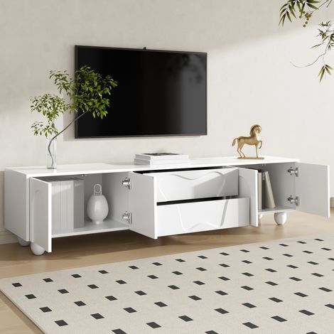 Meuble TV 180 cm blanc avec rangement, pieds en bois, design minimaliste, FloraGrace (1/5)