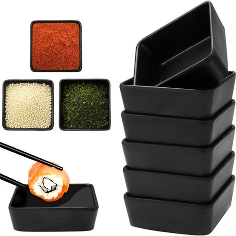6 Bols à Sauce, Céramique, 8,2x8,2x3 cm, Carrés, Noir, Sushi, Snack