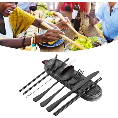 Ensemble de couverts de voyage portables en acier inoxydable 8 pièces avec étui : baguettes, couteau, fourchette, cuillère, pailles et brosse de nettoyage. (1/5)