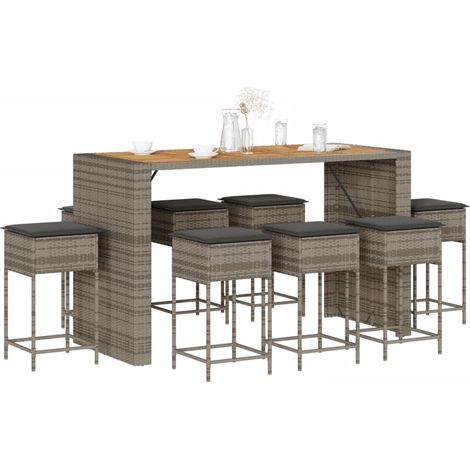9-tlg. Gartenbar-Set mit Kissen Grau Poly Rattan