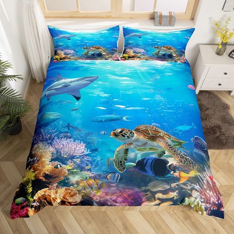 Housse de Couette Tortue Mer Taille 200x200 Ensemble de Literie Requin,Parure De Lit Poissons Animaux l'océan,Tortue et Couleur Imprimé Textiles Maison pour Garçons Filles,2 Taies d'oreiller (1/5)
