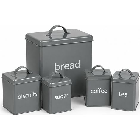 Oypla 5 Piece Grey Kitchen Canister Storage Tin Set Bread Biscuits Tea Sugar Coffee (1/5)