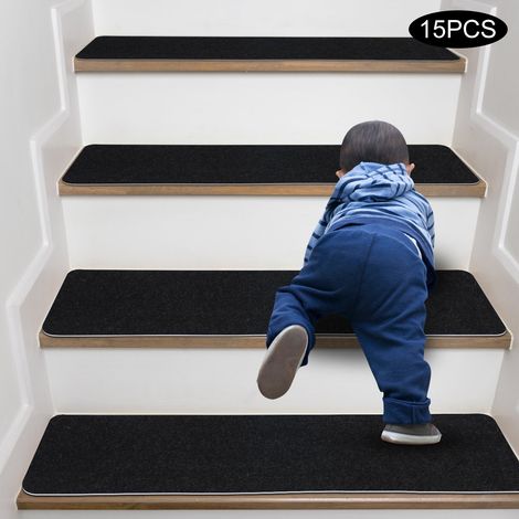 Tapis d'Escalier Antidérapant, Lot de 15 Marchettes d'Escalier Autocollantes Intérieur, Moquette Escalier Réutilisable pour Animaux, Seniors, Enfants ( Noir, 76x20 cm) (1/5)