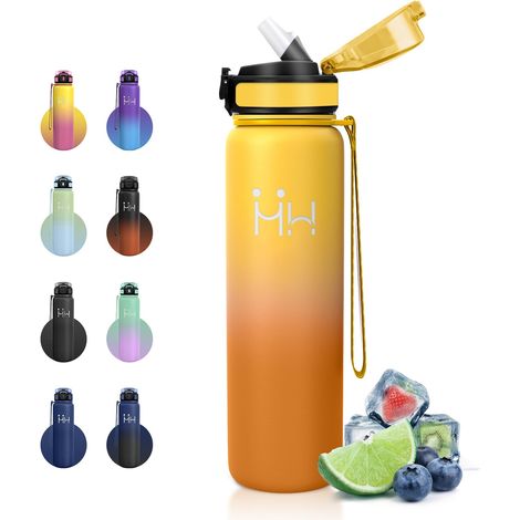 Gourde Inox 1L, Bouteille Isotherme à Paille, Double Paroi Isolante, Réutilisable, Anti-Fuite et sans BPA, Bouteille D'eau pour Bureau, Camping, Randonnée (1/5)