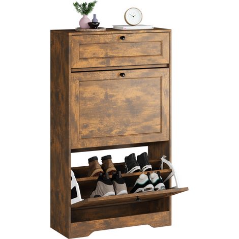Meuble à Chaussure Étroit Bealife à 2 Plateau Rabattable avec 1 tiroir Contenir 12 Paires de Chaussures pour Entrée et Couloir Vintage 58 x 24 x 102 cm (1/5)