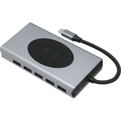 Hub USB-C 13-en-1 multiprise, adaptateur Type C vers HDMI/VGA/USB3.0, lecteur carte SD/TF, port RJ45, PD 100W, audio 3.5mm, charge sans fil 10W, gris (1/5)