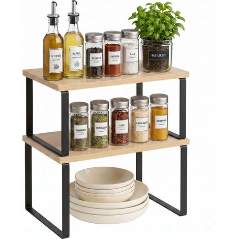 Relaxdays portaspezie impilabile, set 2, cucina e piano, MDF/ferro, naturale-nero