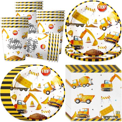 Vaisselle Chantier, 20 Invités, Pelleteuse, Assiettes, Gobelets, Serviettes, Anniversaire, Enfant, Garçon (1/5)