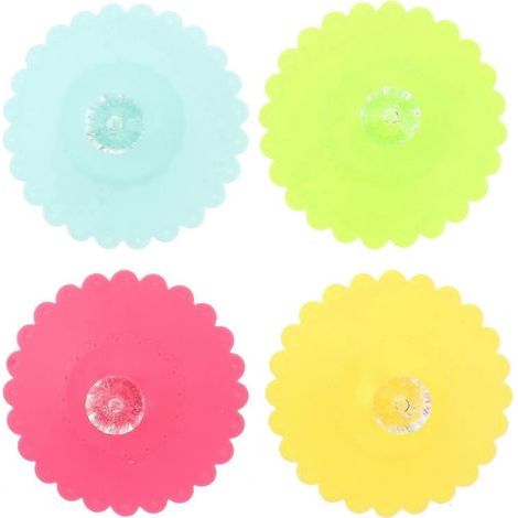 Set mit 6 transparenten Becherdeckeln (10,5 cm Durchmesser) mit Rauten- und Blumenmuster, aus staubdichtem Silikon, leuchtende Farben (Farbe zufällig). – 10,50 x 10,50 x 4,00 cm (1/3)