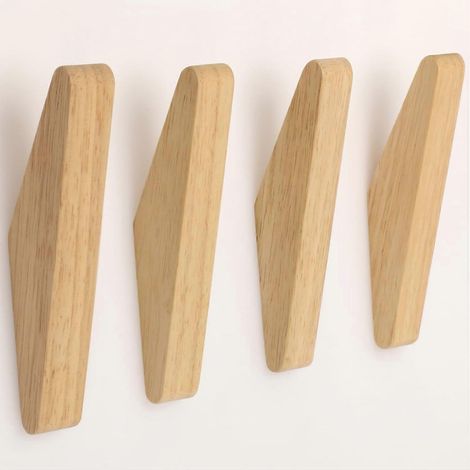 Lot de 4 crochets muraux en bois naturel, crochets porte-manteaux, crochets non dommageables pour suspendre serviettes et vêtements, décoration adhésive pour la maison (bois de hêtre triangulaire). (1/4)