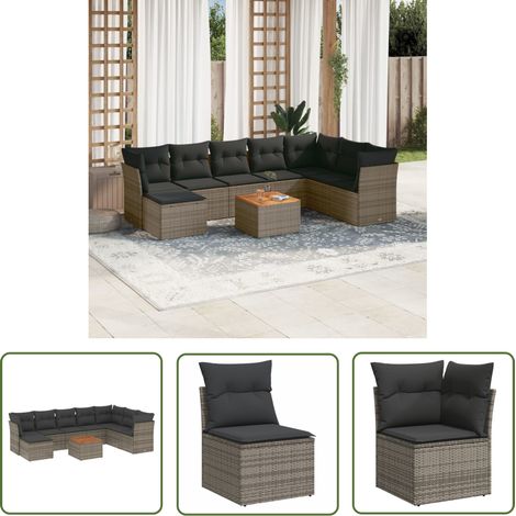 The Living Store 9-tlg. Garten-Sofagarnitur mit Kissen Grau Poly Rattan - Gartenmöbel - Outdoor Möbel - Rattan Gartenmöbel - PE-Rattan - Esstisch Set (1/5)