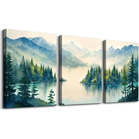 Aquarell Blaugrün Wald Leinwand Bilder Set 30x40cm x 3 (1/5)