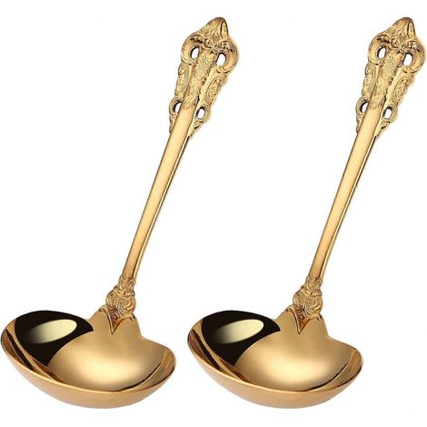 Ensemble de 2 louches à sauce dorées en acier inoxydable (30 ml) et cuillère de service - Grand format - Idéal pour la cuisine et les buffets. (1/4)