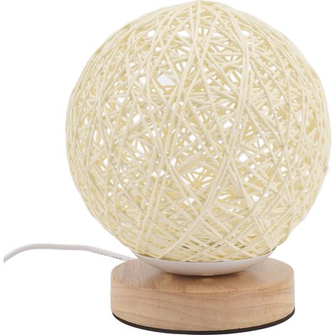 Lampe de table en bois, lampe de chevet LED USB dimmable, boule en rotin beige tressée à la main, idéale pour la chambre, le salon ou la chambre d'enfant. (1/5)