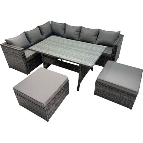 Fimous Outdoor PE Rattan Sofa Set with Dining Table Patio Garden Furniture Sets with 2 Big Stools Dark Grey Mixed (1/5)