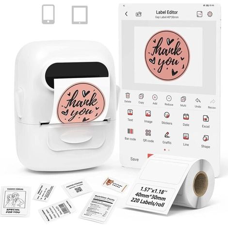 Etiqueteuse Imprimante Etiquette Code Barre Mini Machine a Etiquettes Autocollantes Label Maker Bluetooth Thermique P50 Compatible avec Les Smartphone et PC (Blanc, 1 Rouleaux de Papier)