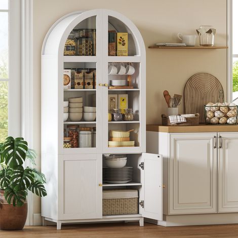 Armoire de cuisine. vaisselier vitrine avec 4 portes dont 2 en acrylique et étagères réglables. 78 x 40 x 180 cm. blanc